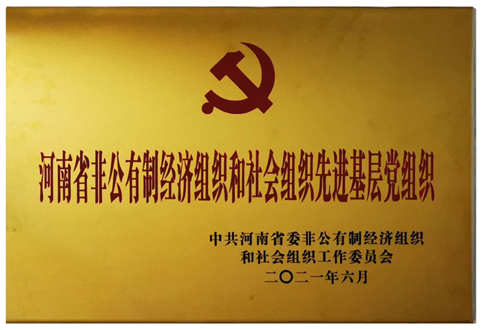 荣获河南省非公有制经济组织和社会组织先进基层党组织奖牌