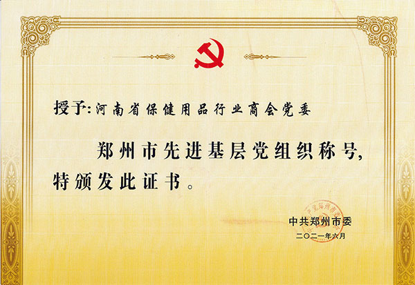 郑州市先进基层党组织证书